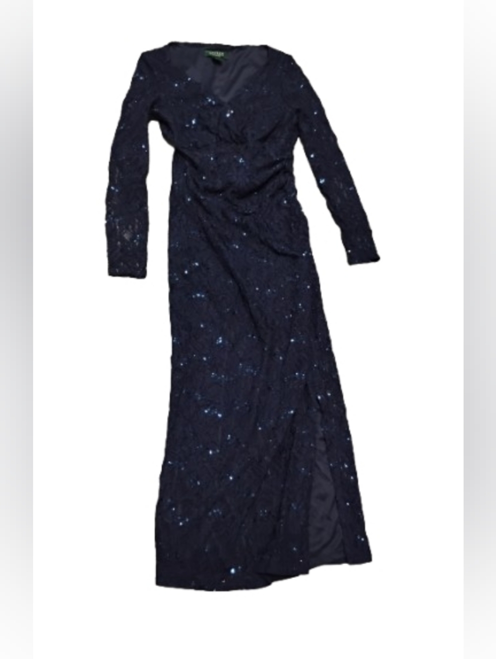 Lauren Ralph Lauren Sequined Lace Navy Blue Maxi Faux Wrap V Neck Dress